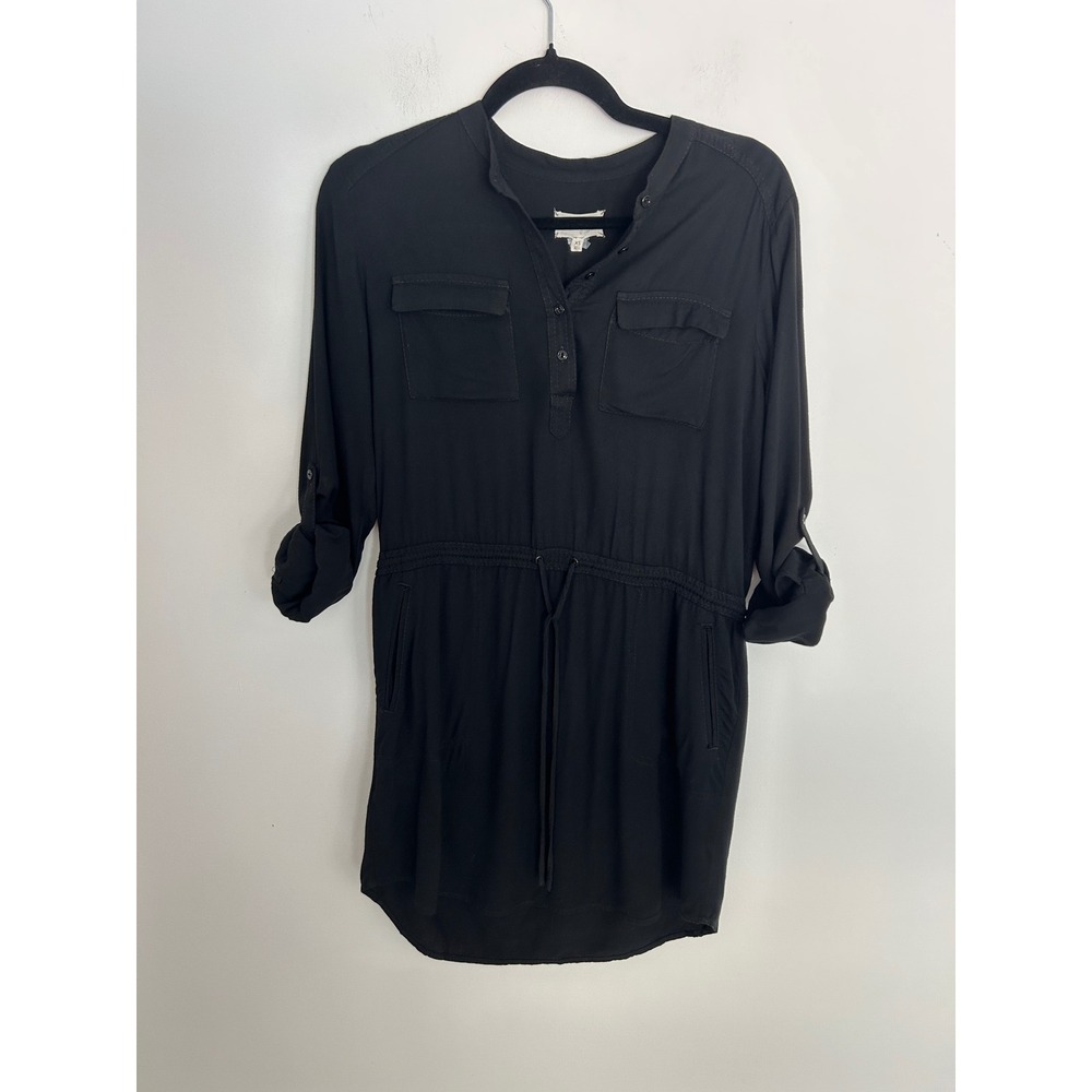 Lou & Grey Womens XS Black Shirt Dress‎ Drawstring Waist Long Sleeve Pocket Mini